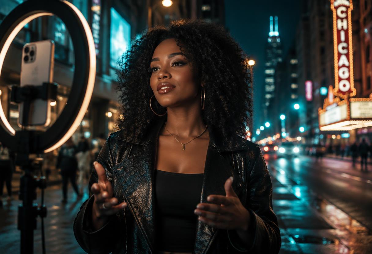 A creator filming for their audience in a neon-lit city street at night