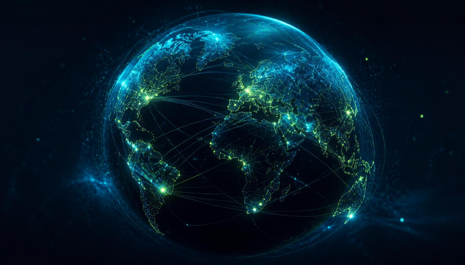 Globe of glowing connections linking cities across continents