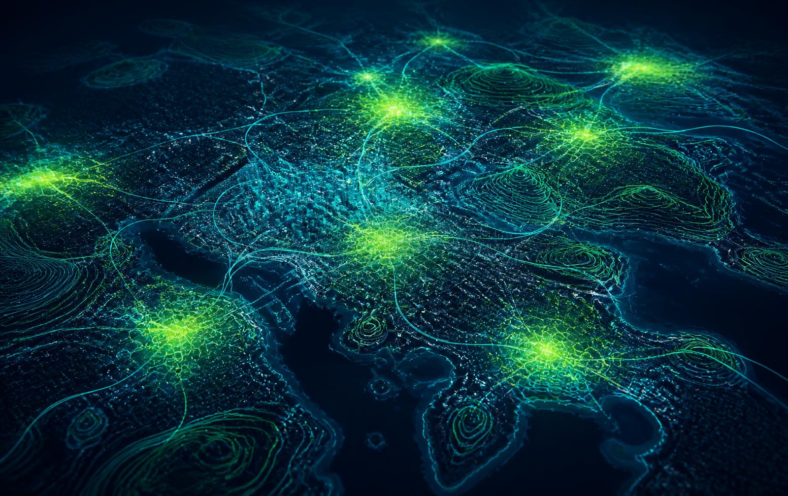 Glowing geospatial map showing density and movement across a city