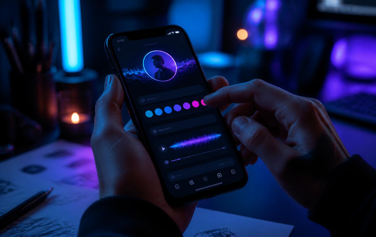 Hands customising a glowing profile page with colour swatches and a playing audio waveform